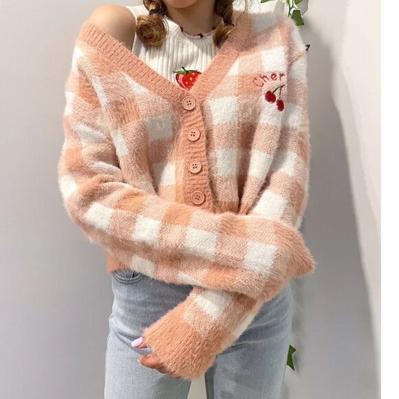 Harry’s Hidden Angels Cherry Fuzzy Cropped Cardigan Sweater Peach XL Gingham - Picture 4 of 11